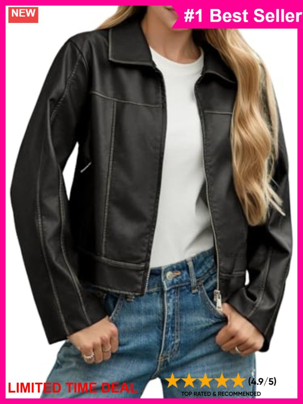 Faux Leather Moto Jacket Zip Up Cropped Collared Biker Coat Pockets
